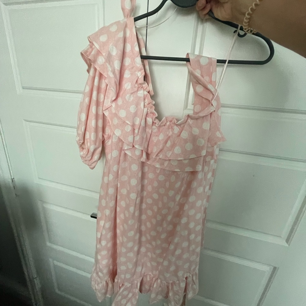 Lisa Marie Hernandez one shoulder pink with polka dots and a sash With pockets!